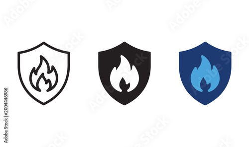 Three shield icons featuring a flame, showcasing fire safety and protection concepts