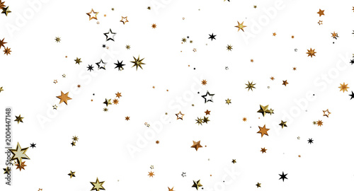 Foto Glittering golden star confetti falling over white