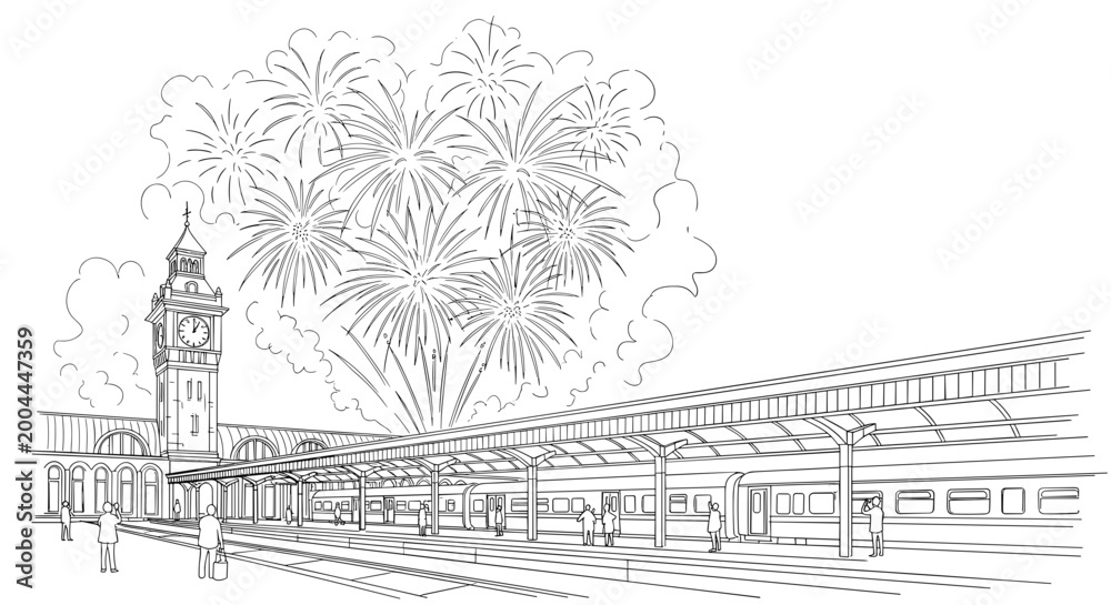 Fototapeta premium Fireworks Over Train Station Sketch Illustration