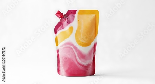 Colorful fruit smoothie pouch with a red cap for healthy snacks and kids drinks in a modern packaging