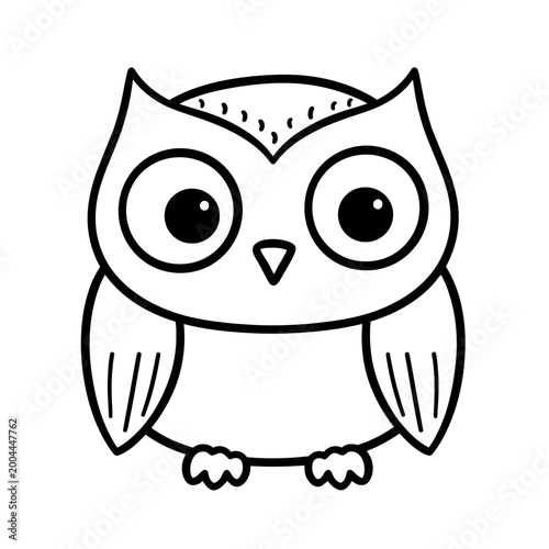 A simple black and white line art drawing of a cute cartoon owl with large eyes and a small beak, facing forward.