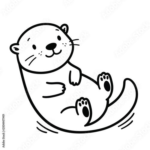 A cute cartoon otter lying on its back with a happy expression, black and white line art.