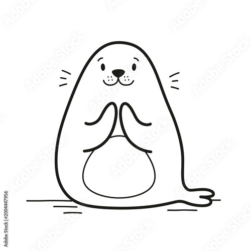 Cute cartoon seal illustration with flippers clasped, featuring a friendly and happy expression in black and white line art.
