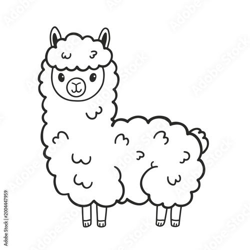 Cute cartoon llama outline drawing for a children's coloring book page.