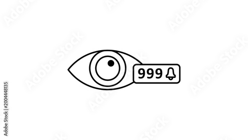 Ad Impressions and Social Media Notification Editable Stroke Vector Icon. Minimalist black line eyeball with a bell alert and 999 counter on white background for digital marketing and web design.