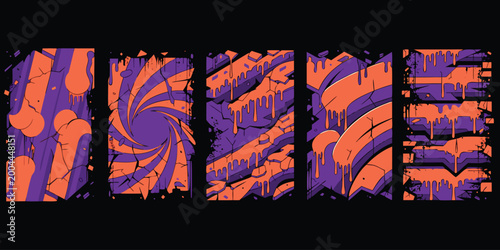 Foto Abstract geometric shapes with dripping paint effect orange and purple color sch