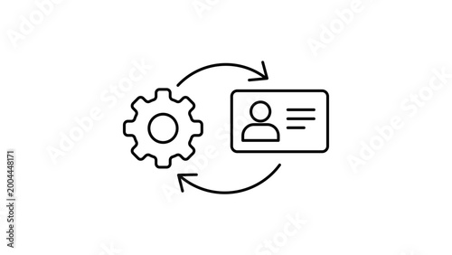 CRM Automation and Customer Data Management Vector Icon Illustration. Minimalist Black Line Art Featuring a Gear and ID Card with Circular Arrows. Editable Stroke for Custom Line Weight Control.