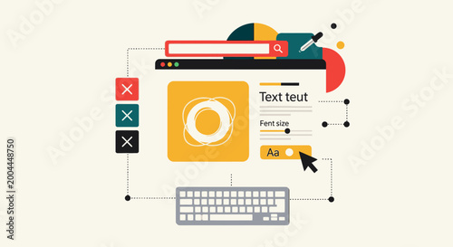 A vibrant graphic design interface on a computer screen displays various elements.