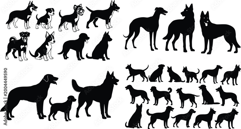 Fototapeta premium Dog silhouettes collection featuring various breeds in sitting standing and walking poses isolated on white background