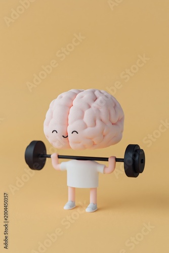 Cartoon brain lifting barbell in minimalist studio scene