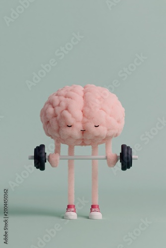 Pink brain character lifting barbell in pastel studio