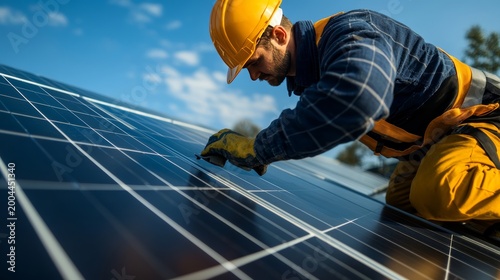 Solar installation action by technician on rooftop urban location image of renewable energy clear sky environment close-up view for eco-friendly concept