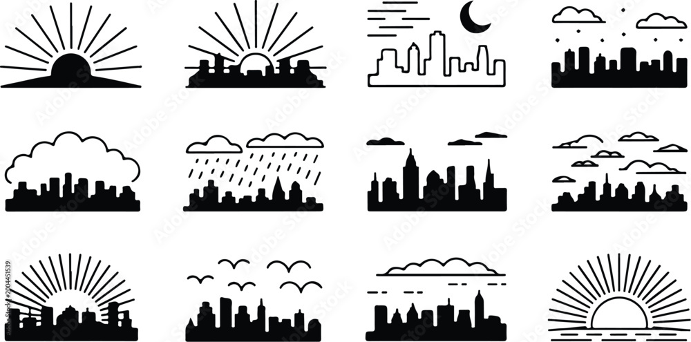 Naklejka premium Skyline View Silhouette Icon Collection Set