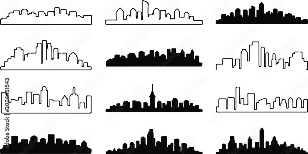 Fototapeta premium Skyline View Silhouette Icon Collection Set