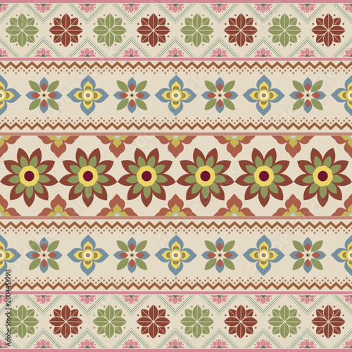 Seamless Ethnic Floral Border Pattern with Folk Art Ornaments and Vintage Colors. Perfect for textile borders, ribbons, ceramic tile patterns, and traditional ethnic-themed decorations.