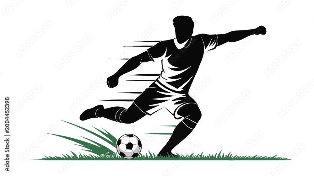 Obraz premium Athletic Soccer Player Shooting Ball on Grass Field with Speed Motion Lines Sketch Style Vector Illustration