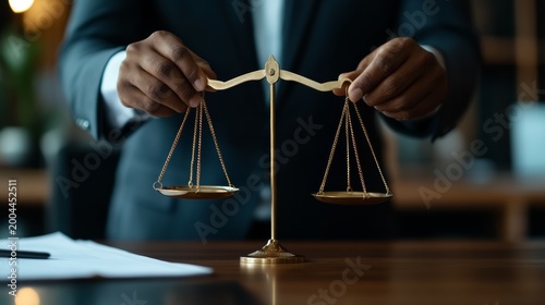 Legal balance lawyer weighing justice in office setting professional environment close-up perspective law concept