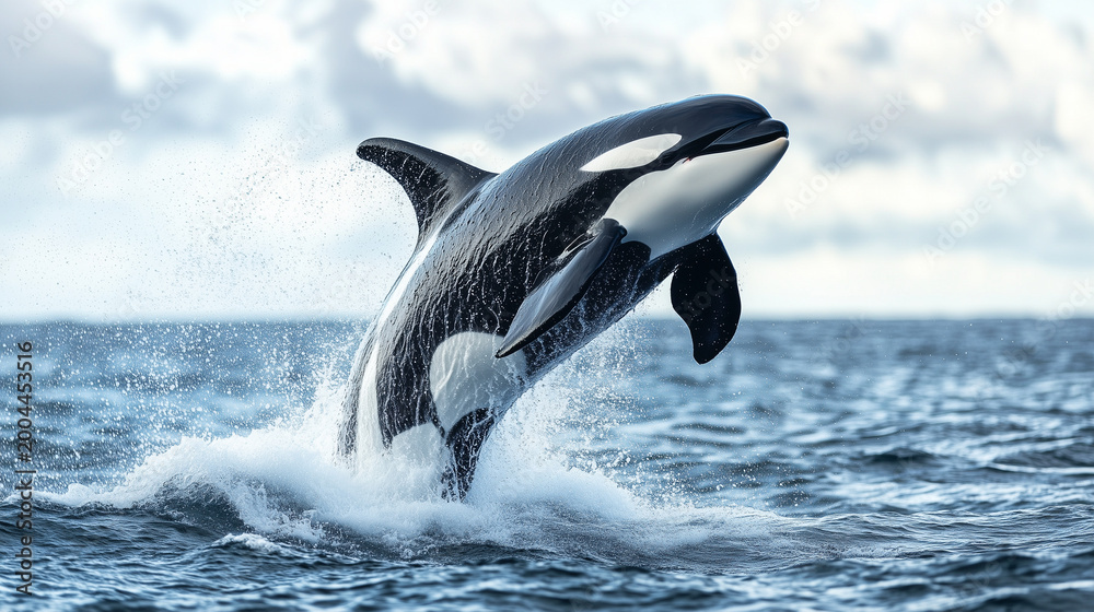 Obraz premium Orca's majestic Leap: A magnificent orca breaks the water's surface in a display of power and grace, against a backdrop of the vast ocean and a cloudy sky.