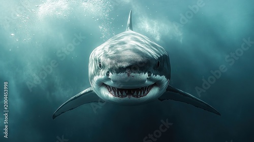 Powerful Great White Shark Swimming in Dark Ocean Waters