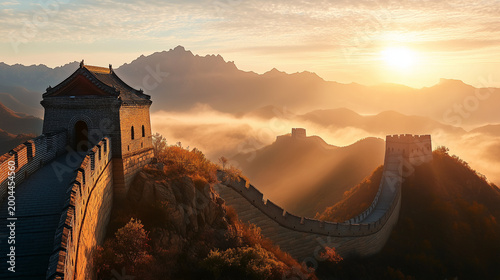 Great Wall at Sunrise: The iconic Great Wall snakes across rolling hills, bathed in the soft glow of a sunrise.