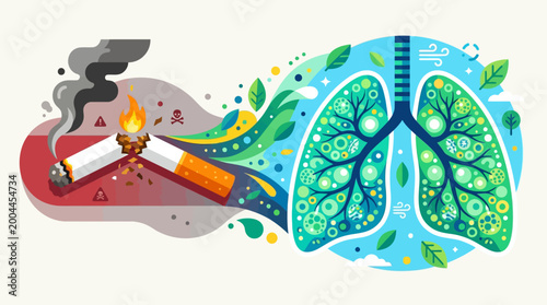 A visual transformation from cigarette smoke into healthy lungs promoting quitting smoking.