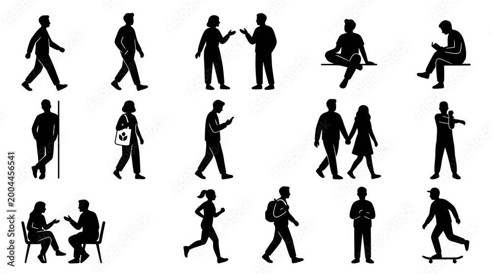 Fototapeta premium People Lifestyle Silhouettes Set - Human Activity and Communication Glyph Icons
