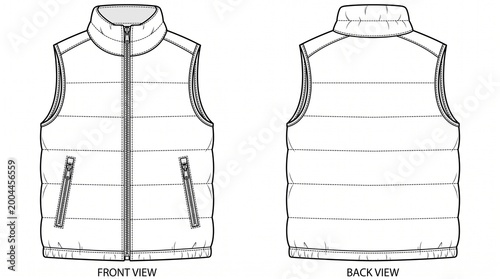 Technical flat sketch of a quilted puffer vest with annotations, front and back view vector template