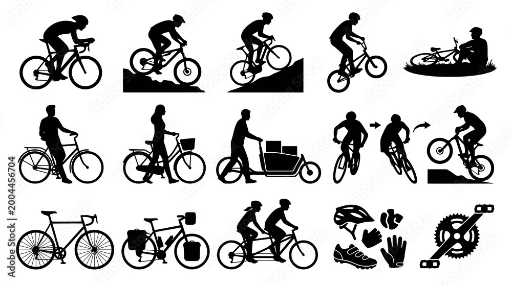 Obraz premium Cycling Bicycles and Cyclists Black Silhouettes Icons Collection - Sports, Transportation Outdoor