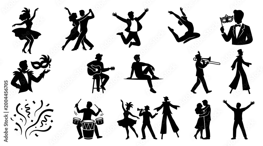 Fototapeta premium Black White Celebration Entertainment Party People Silhouettes Vector Icons Set
