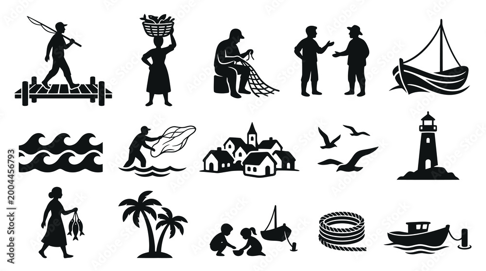 Naklejka premium Nautical Scene Icons: Fishermen, Boats, Lighthouse, Sea Life, Village, Rope