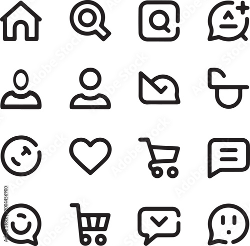 Clean black and white icon set featuring minimal line style symbols, perfect for modern UI design, apps, websites and branding, fully editable scalable vector collection with simple elegant look