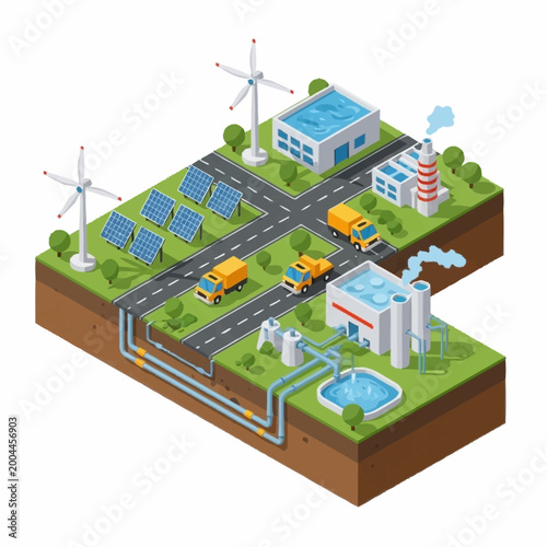 Billede på lærred Modern sustainable energy power generation and distribution isometric illustration