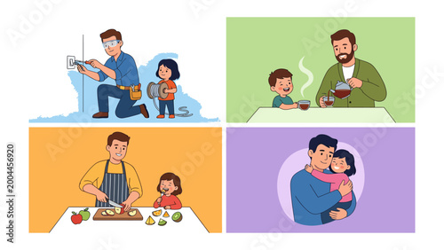 Fotografie Dad and Child Time: A series of heartwarming scenes of dad-child bonding moments, showing dad engaging in various activities such as electrical work, making tea, cooking, and affectionate embraces