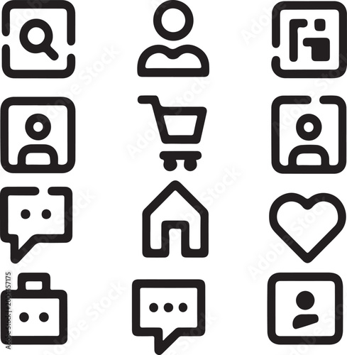 Clean black and white icon set featuring minimal line style symbols, perfect for modern UI design, apps, websites and branding, fully editable scalable vector collection with simple elegant look