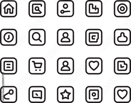 Clean black and white icon set featuring minimal line style symbols, perfect for modern UI design, apps, websites and branding, fully editable scalable vector collection with simple elegant look