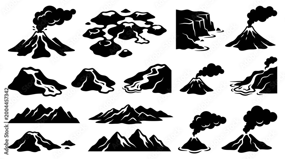 Fototapeta premium Black and White Volcano Icons, Vector Art for Nature and Geography
