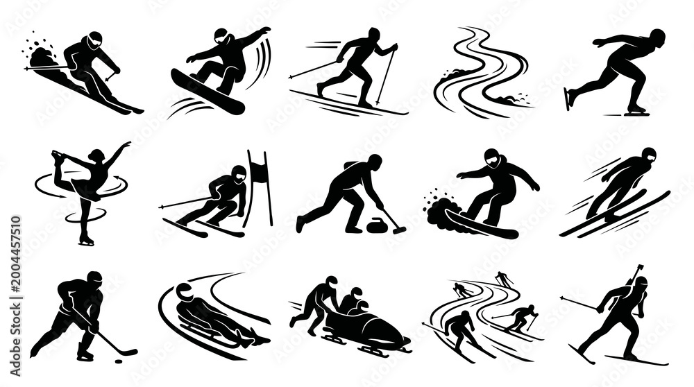 Fototapeta premium Winter Sports Icons Set: Silhouette of Athletes in Action, Black White Vector Art
