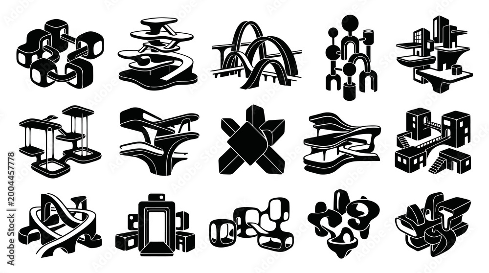 Obraz premium Black and White Icons of Futuristic Architectural Structures
