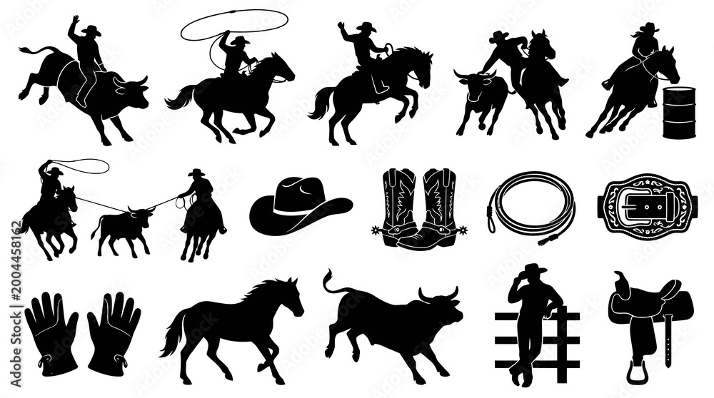 Fototapeta premium Cowboy Rodeo Silhouette Vector Icons: Bull Riding, Horse, Lasso, Boots, Hat, Saddle