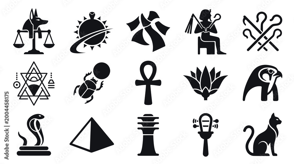 Obraz premium Egyptian Symbols Icons Set - Black Glyph Style, Ancient Icons