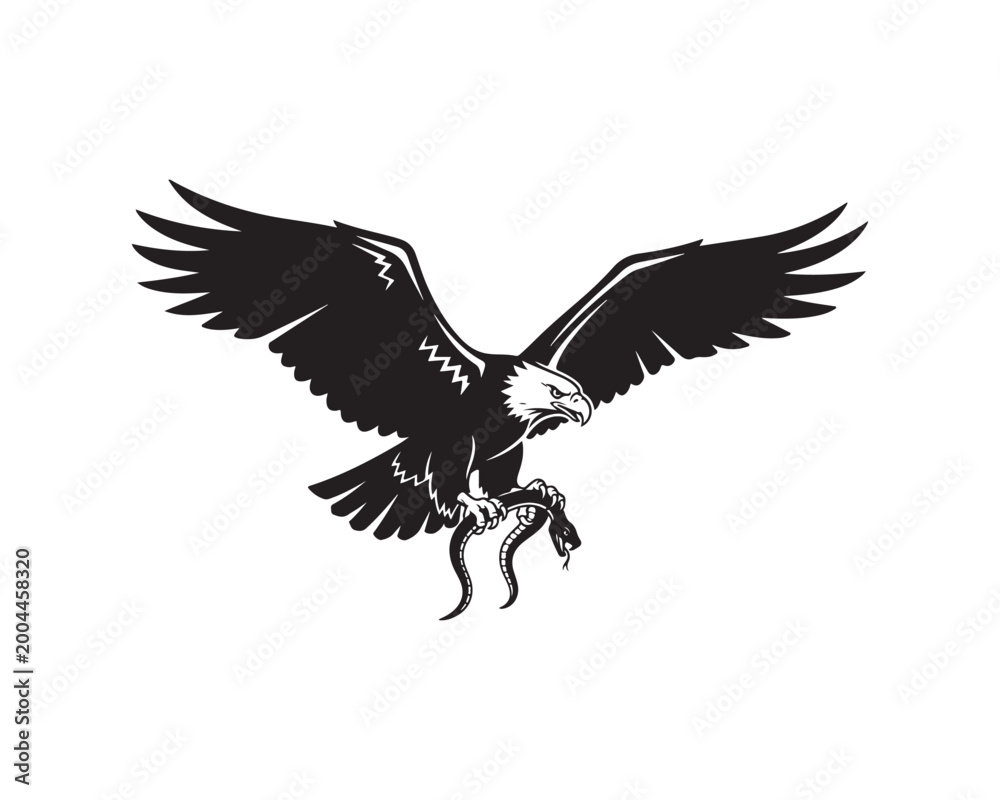 Fototapeta premium Eagle silhouette, eagle vector, bird of prey illustration, eagle design pack, bald eagle black shape, soaring eagle graphic, eagle flying silhouette, raptor vector art, American eagle icon, eagle wing