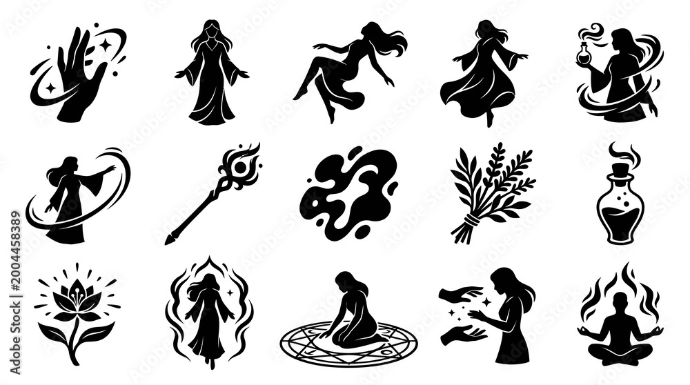 Fototapeta premium Mystical Witchcraft Icons Set - Black Silhouette Magic Symbols and Alchemy