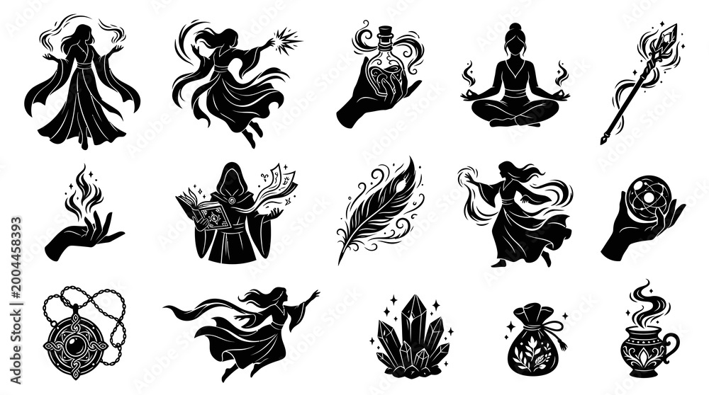 Obraz premium Black and White Magic and Witchcraft Symbols Set, Mystic Icons
