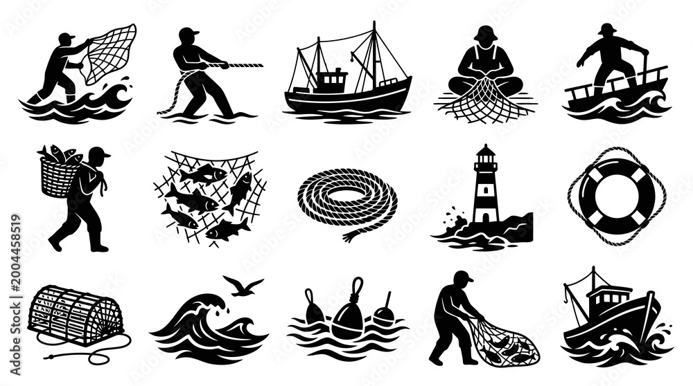 Obraz premium Fisherman Nets Catch on Boat with Lighthouse and Lobster Trap Icons