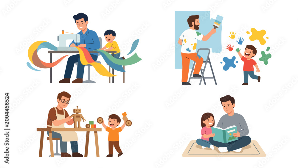 Fototapeta premium Creative Moments of Fatherhood: A heartwarming illustration captures a father's tender interactions with their children through various creative activities. These include sewing, painting.