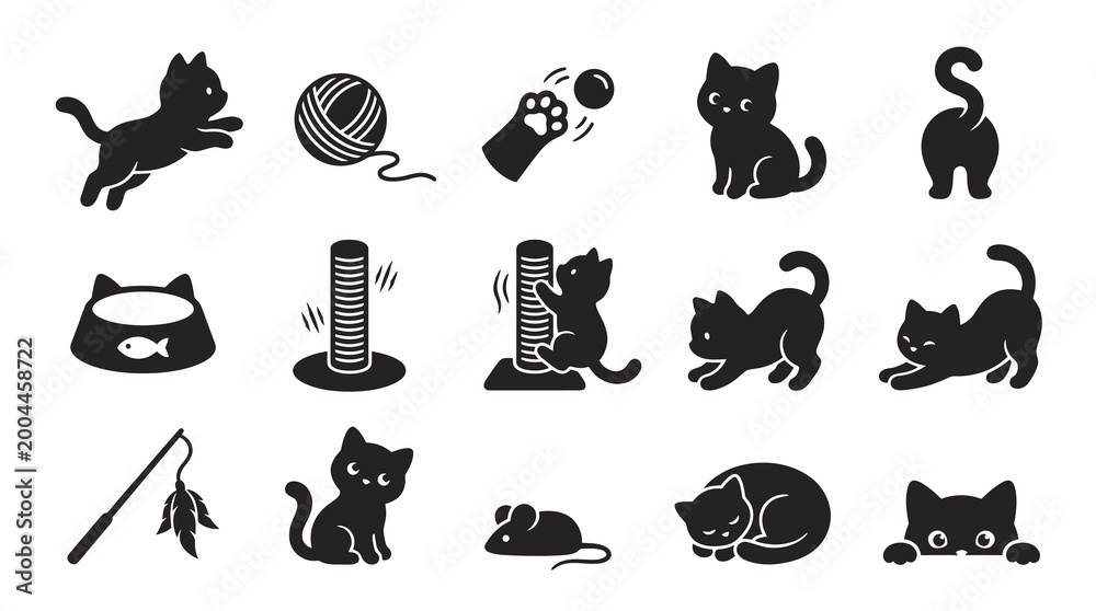 Obraz premium Black White Cat Icons Set: Playful Kitten, Yarn, Scratching Post, Food Bowl