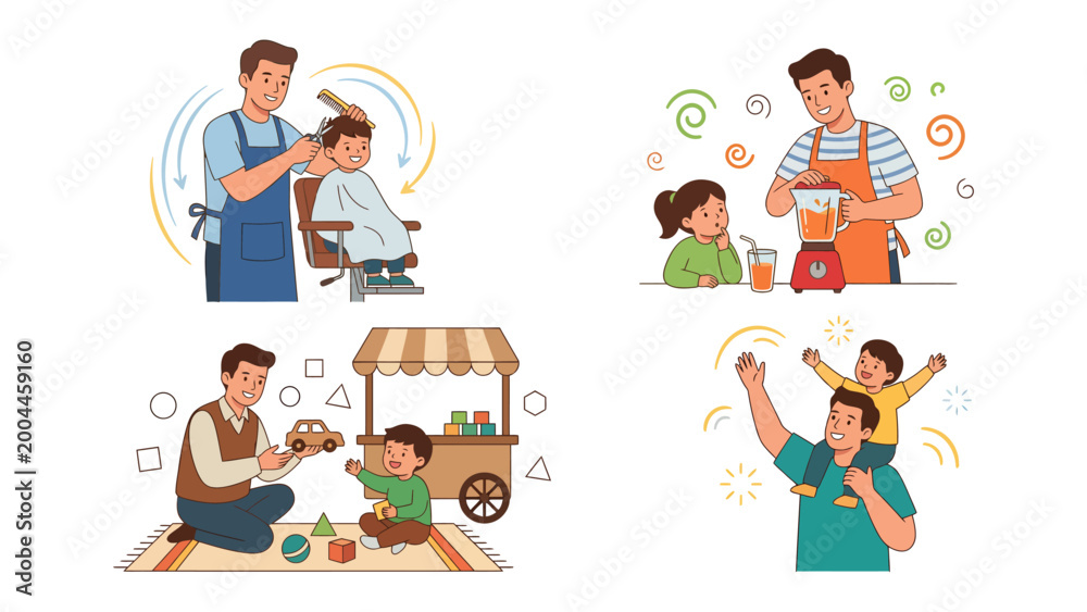 Fototapeta premium Fatherhood Montage: A heartwarming collage illustrates the diverse joys and responsibilities of fatherhood, featuring a father engaging in various activities with his children.