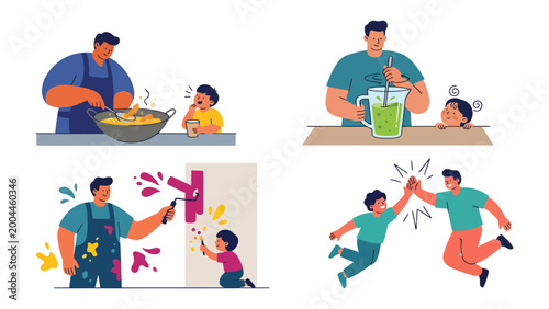 Father and Child Moments: A heartwarming series showcasing the everyday bond between a father and child, from cooking together, painting the wall to celebrating a cheerful high-five. 