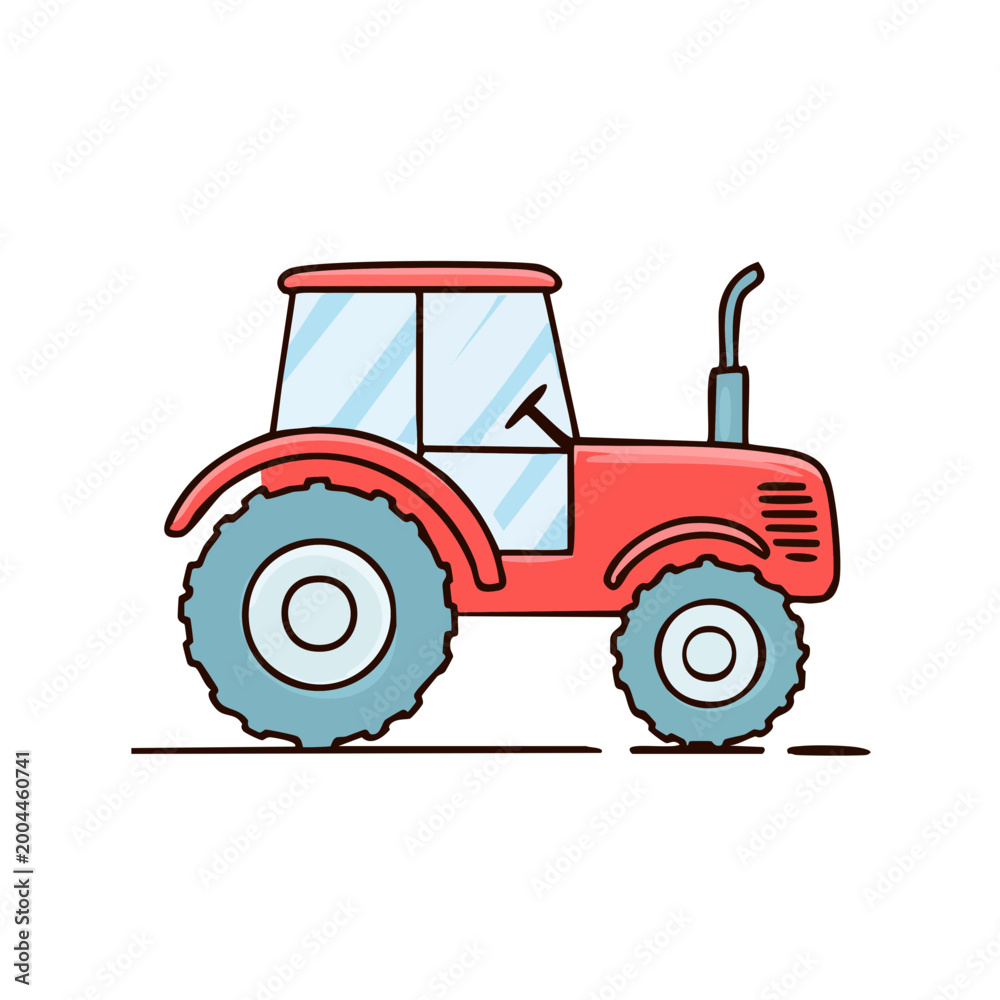 Obraz premium Cartoon Red Tractor Vehicle For Farm Work And Agriculture
