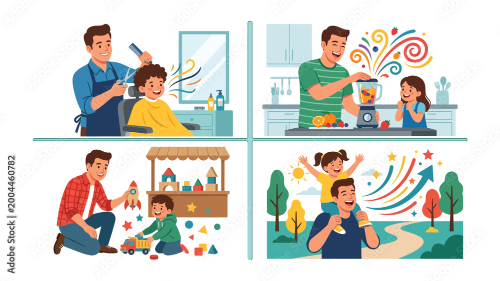 Fototapeta premium Dad and Child: Celebrating Fatherhood: A vibrant illustration captures the essence of fatherhood, depicting a dad and child engaging in various activities, showcasing love, care.